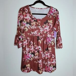 NWT Ecavus Maternity Bell Sleeve Empire Waist Blouse, Brown Floral, Size M